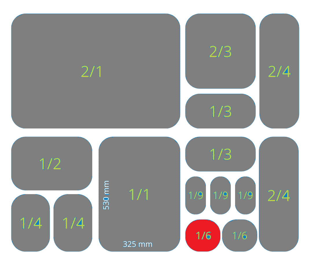 Bandeja Gastronorm 28mm - 1/6 GN (176x162mm) / Blanca o Negra / 6 pzas.