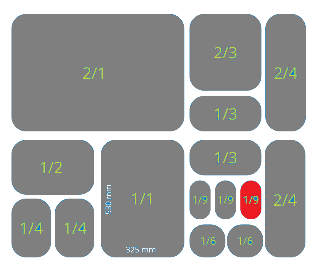 Bandeja Gastronorm 28mm - 1/9 GN (176x108mm) / Blanca o Negra / 12 pzas.