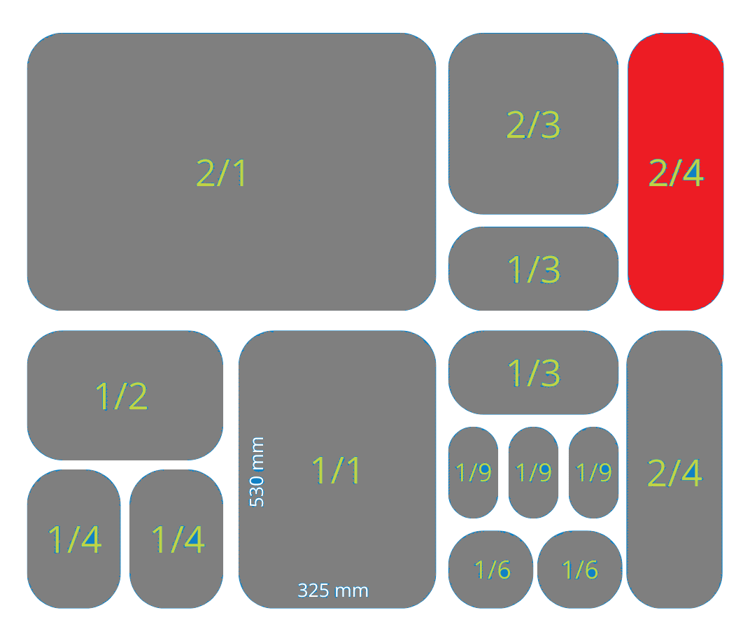 Bandeja Gastronorm 28mm - 2/4 GN (530x162mm) / Blanca o Negra / 3 pzas.
