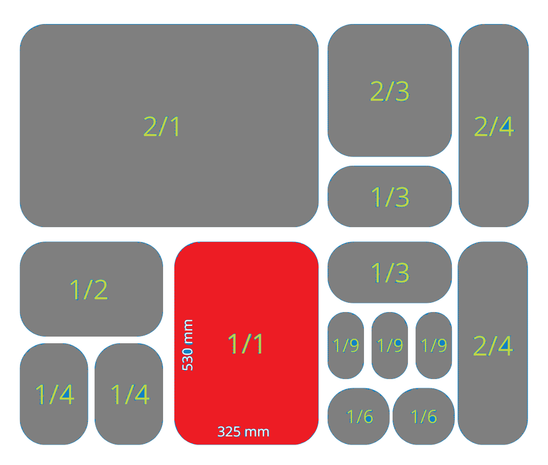 Bandeja 65mm - 1/1 GN (530x325mm) / Blanca o Negra / 1 uds